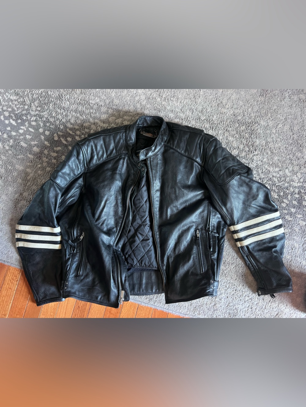 Men's Black Leather Bomber Jacket with White Sleeve Stripes